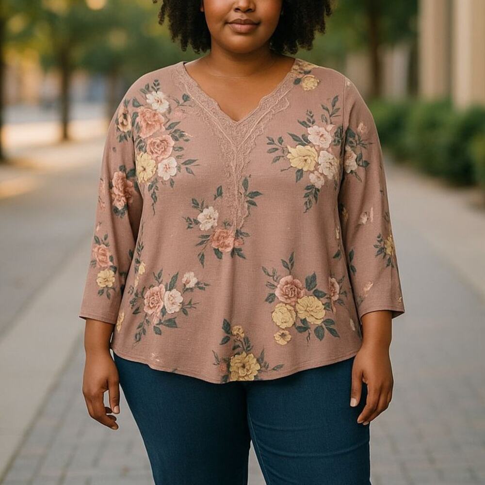 Torrid Double V-Neck Floral and Lace Waffle Weave Long Sleeve Top size 1X